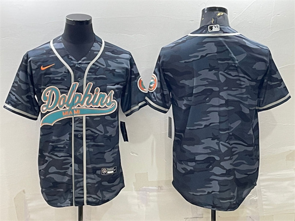 Men's Miami Dolphins Blank Gray Camo With Patch Cool Base Stitched Baseball Jersey - Click Image to Close